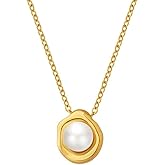 Dark Water Collections 18K Yellow Gold Plated Stainless Steel Pearl Necklace With 15.5 inch Cuban Link Chain Charm Pendant Women's Jewlary Gift Nickel Free Hypoallergenic