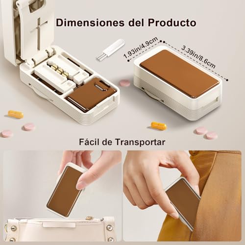 Cortador de Pastillas con Hoja Oculta, Evita Cortes en las Manos, Cortador de Pastillas Ajustable, Corte Preciso de Medicamentos, Divide en 2/4 Partes, para la Mayoría de las Tabletas (Blanco Marron)