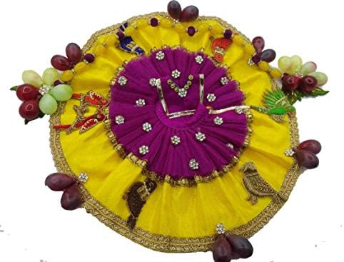 Shree Fashion Zone Laddu Gopal Poshak/Dress Handmade Designer Dress (Size: 10 inch (Dia)), Colour: Yellow and Purple with Artificial Grapes (Suitable for Kanhaji 5 Size) with Designer Dupatta