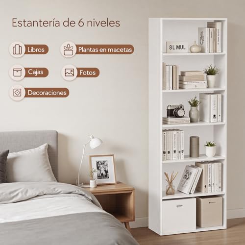 OSLIFE 200cm Librero Organizador Elevado, Mueble Organizador de Madera,6 Repisas Abiertas, Ahorra Espacio,Estantes,Repisas de Madera,Librero Minimalista para Dormitorio,Sala,Oficina,Cocina (Blanco)