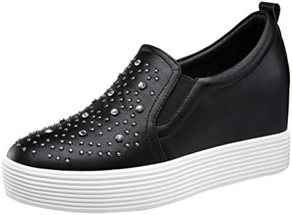 Passionow Women's Casual Rhinestones Round Toe Slip-on Platform Hidden Wedge Heel Loafer Shoes (6 B(M)US,Black)