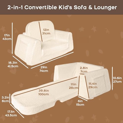 BanaSuper 2-in-1 Convertible Children's Sofa Bed, Folding Armchair for Babies, Armchair for Children, Widened Base, Removable Washable Cover, Gift for Boys Girls in Yellowish Beige