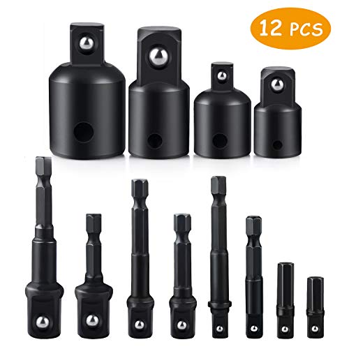 Impact Extension and Socket Adapter Set, 12pcs 1/4 3/8 1/2 Hex Shank Drill Bit Bar CR-V Steel