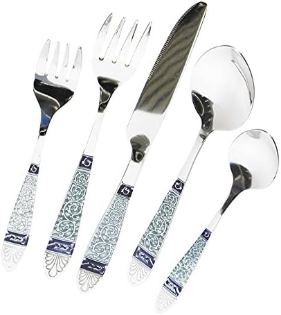 Matsuta 30 Piece Vine and Dine Mirrow Finish Service of 6 Stainless Steel Flatware Set, Blue/White