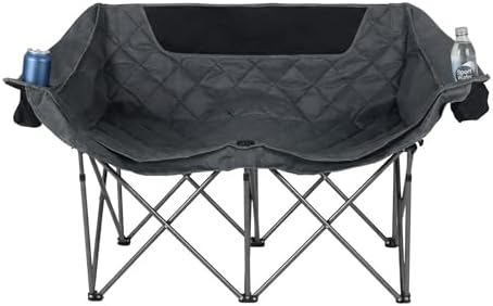 Banc de Camping, 2 Places, Pliable, accoudoirs, 2 Porte-gobelets, Sac Transport, 84x146x54 cm, Gris