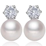 Womens 8-9mm Freshwater Pearl Diamond Stud Earrings 925 Sterling Silver Color White
