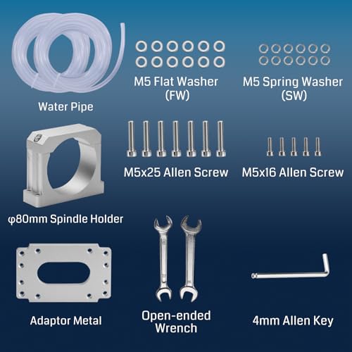 Genmitsu CNC Spindle Motor Kit, 1.5KW, 110V Water Cooled Spindle Motor, with VFD & Water Pump, 80mm Diameter Aluminum Clamp Mount, ER11 Collet, 0.003mm Accuracy for CNC Router Machine Metal Carving