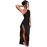 Women's Summer Solid One Shoulder Satin High Split Dress Elegant Tie Back Slim Maxi Dress for Cocktail Wedding Party