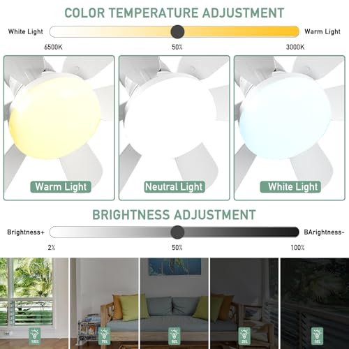 Zern Ventilador de techo con luz, 40W Pequeño Ventilador de Techo con Luz, E26/E27 Ventiladores de Techo con Control Remoto de Luces con rosca, 20.5in Ventilador LED Silencioso para Garage (Blanco)