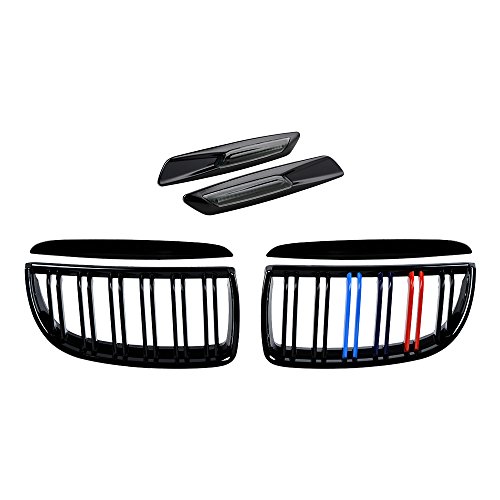 2X Euro Front Upper Kidney Grille Grill LH RH Replacement for BMW Car E90 Pre-Facelift (Glossy Black M Color (Dual Line), w/Carbon Fiber Pattern Side Marker)
