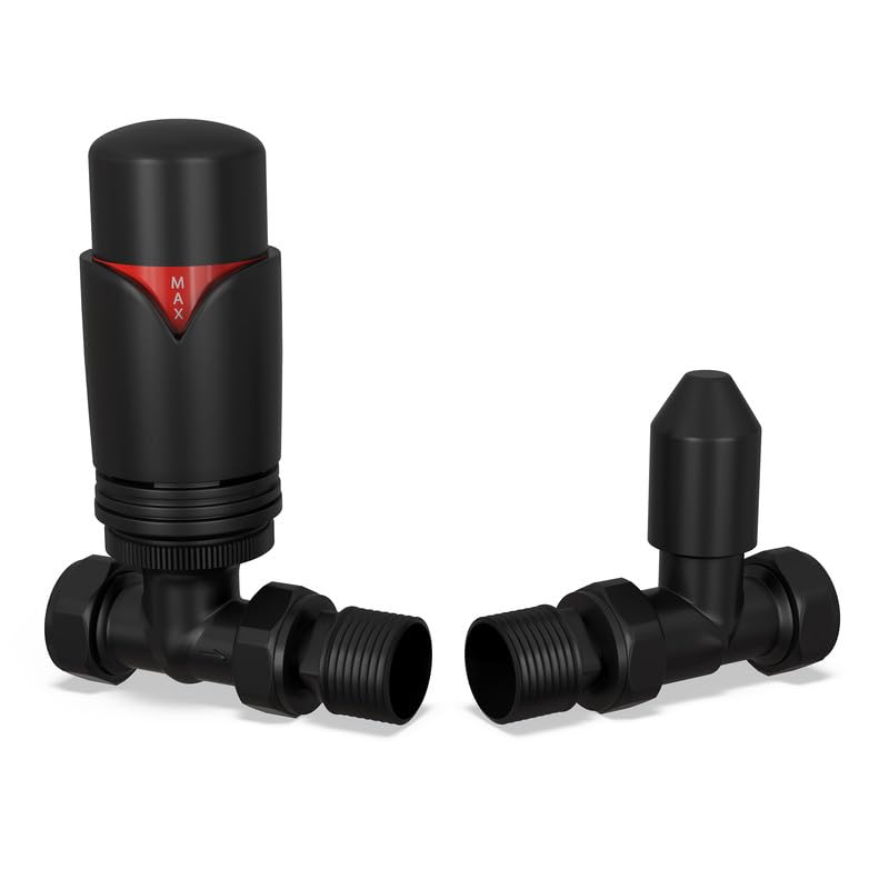 UK Radiators Black Thermostatic Radiator Valve and Straight Lockshield Valve - Matt Black Finish - Classy and Modern Design 1/2" x 15mm Straight Radiator Valve