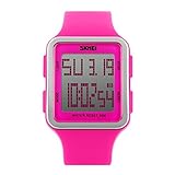 Women’s Sport Digital Watch, Big Face Square, Waterproof and Multifunctional Watch - Soft Silicone Strap - Easy-to-Read Numbers – Water and Shock Resistant (rose red, pink)