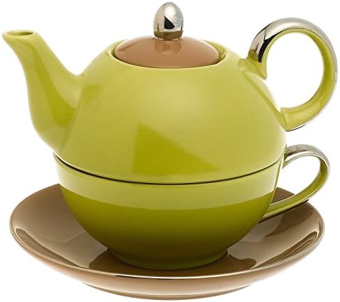 Classic Coffee &amp; Tea Chic Tea Set for One - Teapot, Cup &amp; Saucer in Lime &amp; Mocha Design