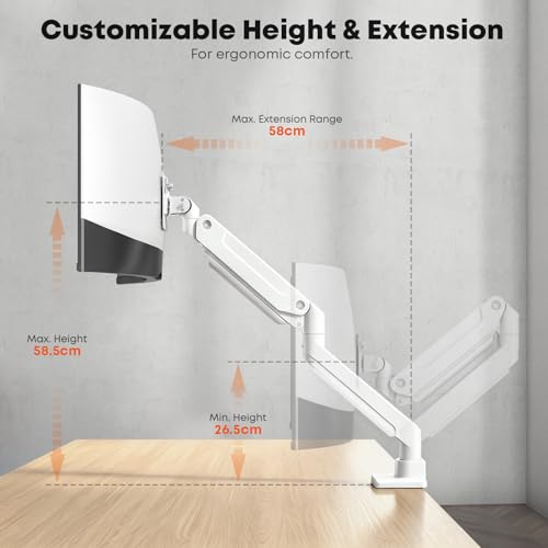 PUTORSEN 17-49 Inch Monitor Mount, Max 20 kg, Premium Aluminium Screen Mount for Flat/Curved Monitor with VESA 75 x 75/100 x 100 mm, Gas Spring Monitor Desk Mount,White