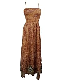 Mogul Womens SunDress Maxi Smocked Bodice Boho Brown Beach Maxi Dresses L