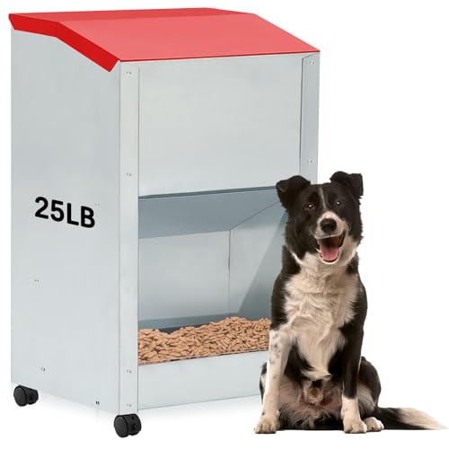 Willinglong 25 lb Automatic Dog Feeder for Large Breed with Wheels Galvanized Gravity Dog Food Dispenser Outdoor Pet Self Feeding, Easy to Move with Rolling Wheels by Willinglong - Used condition - US$20.17