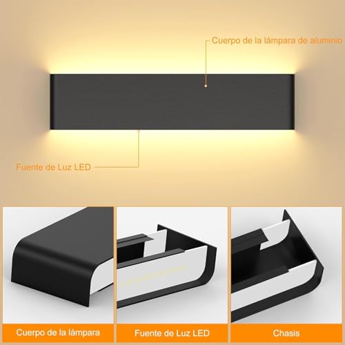 Sunsign 40cm Lámpara de Pared Moderna, 8-12W Lámpara de Pared para Baño,LED Para Interior, Dormitorio/Sala de Estar/Comedor/Pasillo, 2 piezas (Negro+Luz cálida)