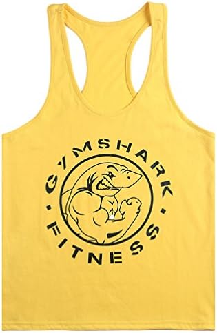 MITIAO Men's GYM Shark Fitness Printed Stringer Bodybuilding Tank Top Yellow L