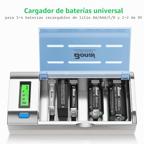 BONAI Fast Battery Charger, Universal Rechargeable Battery Charger for AA/AAA/SC/C/D/9V NI-MH Rechargeable Battery, Smart Battery Charger with LCD Display and Discharge Function
