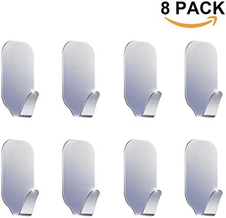 Adhesive Hooks 3M Wall Hooks - SUDISER 3M Coat Hooks Stainless Steel Waterproof Hanger (Heavy Duty) for Home Kitchen Bathroom Coat, Calendar, Hat, Key, Bag, Robes, Towel, Light-8 Pack (Silver)