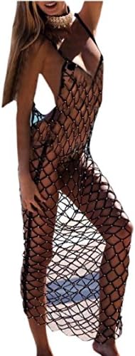 Jaycargogo Women Sexy Crochet Fishnet Cover up Hollow Rope Swimsuit Smock Loose Knitted Bead Black XS