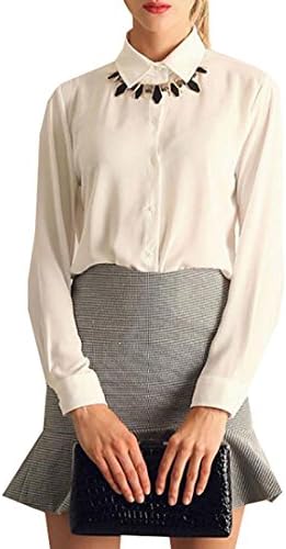 Pofachawis Women's Button Up Collared Sheer Long Sleeve Chiffon Blouse White XXL