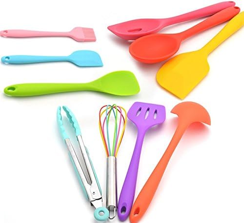 Silicone Kitchen Utensil Set. 10 pieces Multi-Color. Non-Stick Heat Resistant. Spatula, Whisk, Spoon, Tongs.