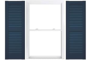 Duralok Vinyl Exterior Shutters | One Pair | Louvered 50/50 Split Straight Top Exterior Window Shutters | 18" x 48" | Classic Blue | Simple Installation + Hardware Included | Made in The US