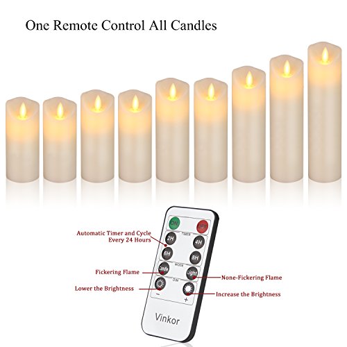 Vinkor Flameless Candles Flickering Candles Decorative Battery Flameless Candle Classic Real Wax Pillar with Dancing LED Flame & 10-Key Remote Control 2/4/6/8 Hours Timers (Ivory 4" 5" 6" 7" 8" 9")