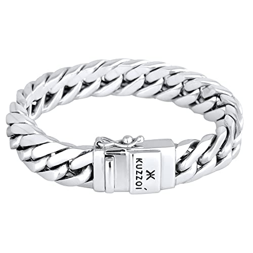 Kuzzoi Pulsera de plata de ley 925 maciza para hombre, hecha a mano, brillante, 14 mm de ancho, 90 g de peso, 335101
