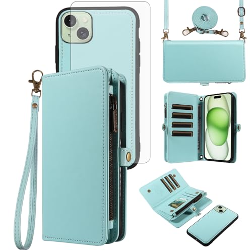 Asuwish Phone Case for iPhone 15 Plus 6.7 inch Zipper Wallet Detachable Cover with Tempered Glass Screen Protector Crossbody Lanyard Strap Flip Card Holder Slot i Phone15 15+ i15 + 15Plus Green