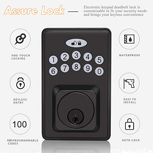 Probrico Keypad Deadbolt Lock Black, Electronic Deadbolt with 100 Codes