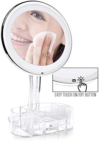 Magnifying Lighted Makeup Mirror 10x with Cosmetic Organizer, 360° by Aryoli 8” LED Natural light with touch button dimmer. Best buy