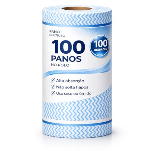 Rolo 100 Panos Multiuso Tipo Perfex Lavável Reutilizável Secagem Rápida 100 Panos 25x30cm para Cozinha Vidros Móveis Lavanderia (1 Rolo)