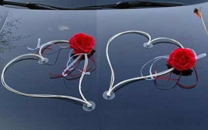 DEKORIERT RATAN HERZEN Auto Schmuck Braut Paar Rose Deko Dekoration Autoschmuck Hochzeit Car Auto Wedding Deko (Rot / Weiß)