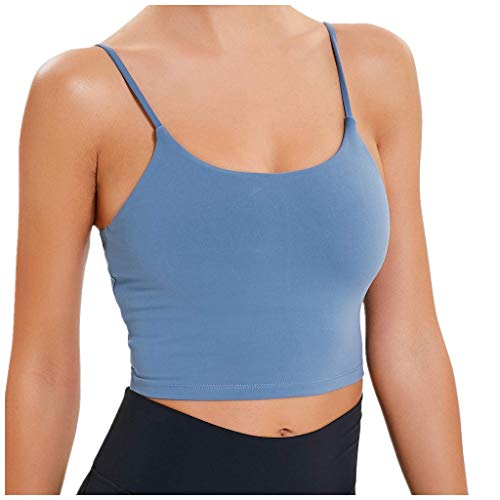 ThsiJJ Women Solid Crop Camisole Yoga Tank Tops Padded Sports Bra Summer Sleeveless Vest Workout Running Undershirts Blue