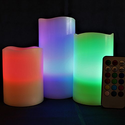 LED Multi Colored Flameless Candles Battery Operated, 3 Round Ivory Wax with MultiFunction