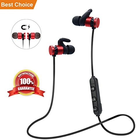 Wireless Bluetooth Earbuds;SquRod HD Stereo Bluetooth Earphone Super Bass Metal Magnetic Necklace Headsets Noise Cancelling w/Mic IPX5 Outdoor Sports Earbuds for iPhone(Battery Upgraded Version)(Red)