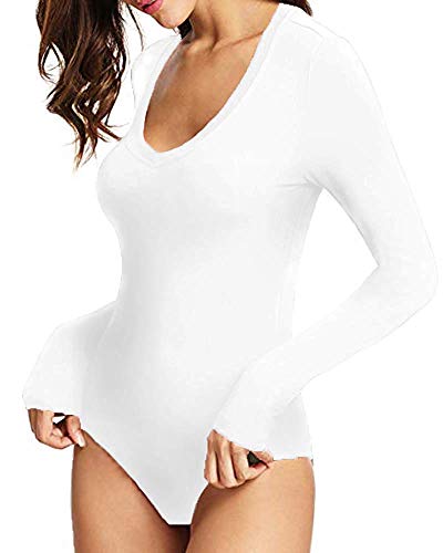 MANGOPOP Womens Modal V Neck Long Sleeve Bodysuit Jumpsuit (White, X-Large)
