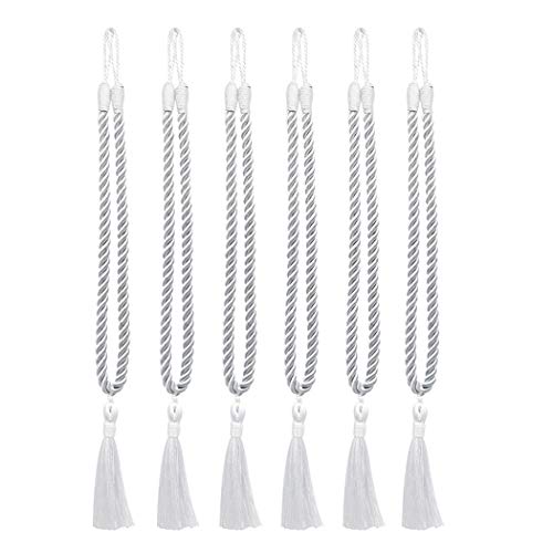 Home Queen Decorative Tassel Rope Tie Backs for Window Curtain, Hand Knitting Buckle Cord Drapery Tieback, Set of 6, Silver