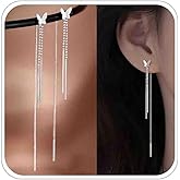 Boho Wedding Tiny Butterfly Threader Earrings Silver Long Chain Tassel Dainty Stud Pull Through Earrings Thread Line Bar Dangle Small Bead Chain Drop Cute Simple Delicate Minimalist Jewelry for Women