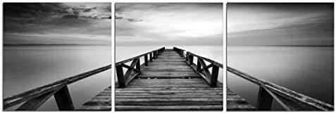 Elementem Big Photography 3 Piece - Canvas Wall Art: Ocean Pier Black and White Elegant Water Landscape in Sun - 20 x 60 in. Wall Decor in Black, Grey, White (Office, Home, Living, Dining Room Decor)