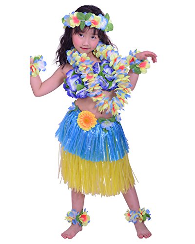 Kids Hawaiian Hula Dance Costume Ballet Performance Layered Dress Skirt Garland For Girl Child 40CM Full Set Dichromatic