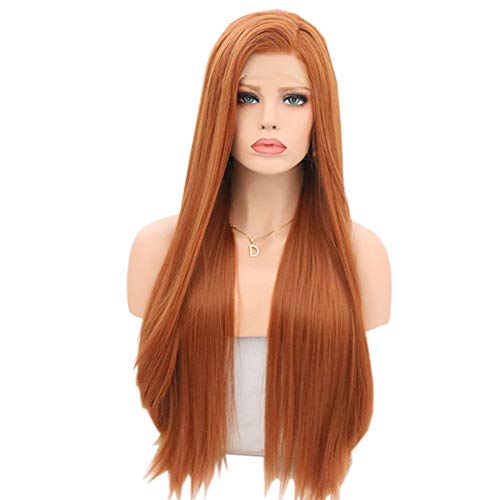 Women's Long Straight Lace Front Wigs Free Part Copper Red Glueless Half Hand Tied Synthetic Lace Front Wig For Daily Heat Resistant Wig for Women (26 inches, Copper Red #360)