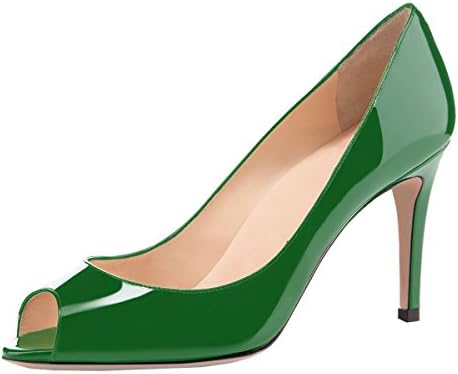 Sammitop Women's Peep Toe Pumps 80mm High Heel Shoes Slip On Patent Pumps Formal Shoes