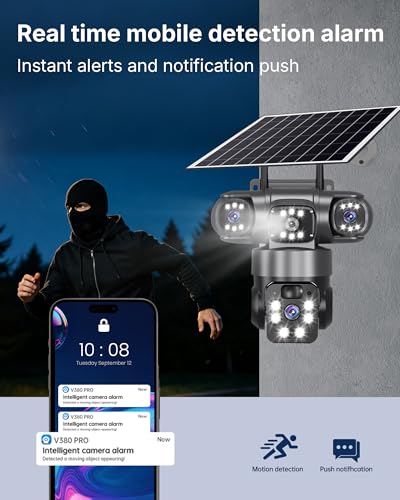 4G Solar Camera Outdoor, 3 Lens 3 Screen Surveillance CCTV Outdoor Camera for Home Security, V380 pro Human Detect Security Camera with Solar Panel, Motion Detection, PIR Alarm, Color Night Vision