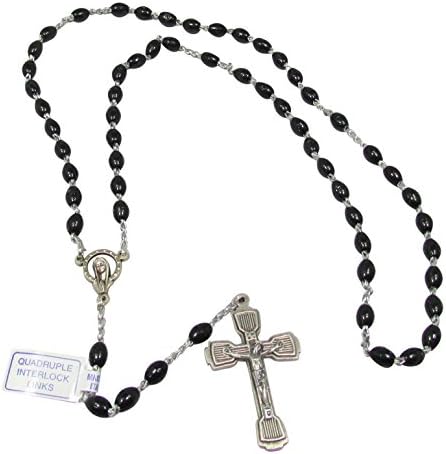18" Quadruple Link Oval Black Bead Imported Rosary From Italy