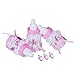 Bememo 12 Pack Candy Bottles and 50 Pack Acrylic Mini Pacifiers for Baby Shower Party Favors Decorations (Pink)