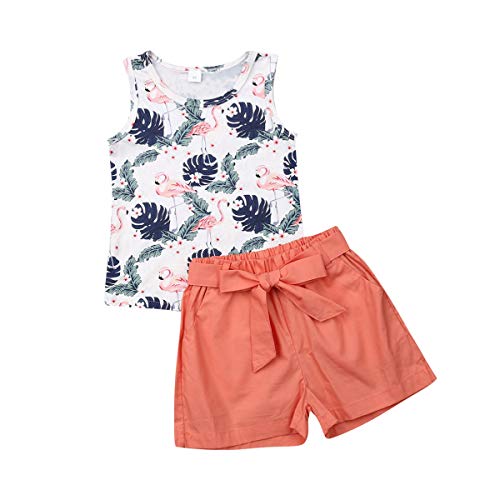 Toddler Baby Girl Flamingo Outfits Palm Print Vest Tank Top+Bows Waistband Shorts Pants Summer Outfits Set (Flomingos Brown, 4-5 Years) - Thumbnail 7