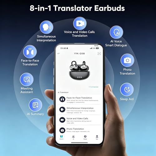 4-in-1 Latest AI Bluetooth Translation Earbuds, Real-time Translator of 164 languages; No subscription required; Powerful Bass & Full-Range Frequency Response, Premium Audio with Innovative Technology
